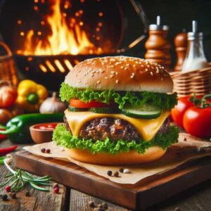 Juicy burger with cheese and lettuce.
