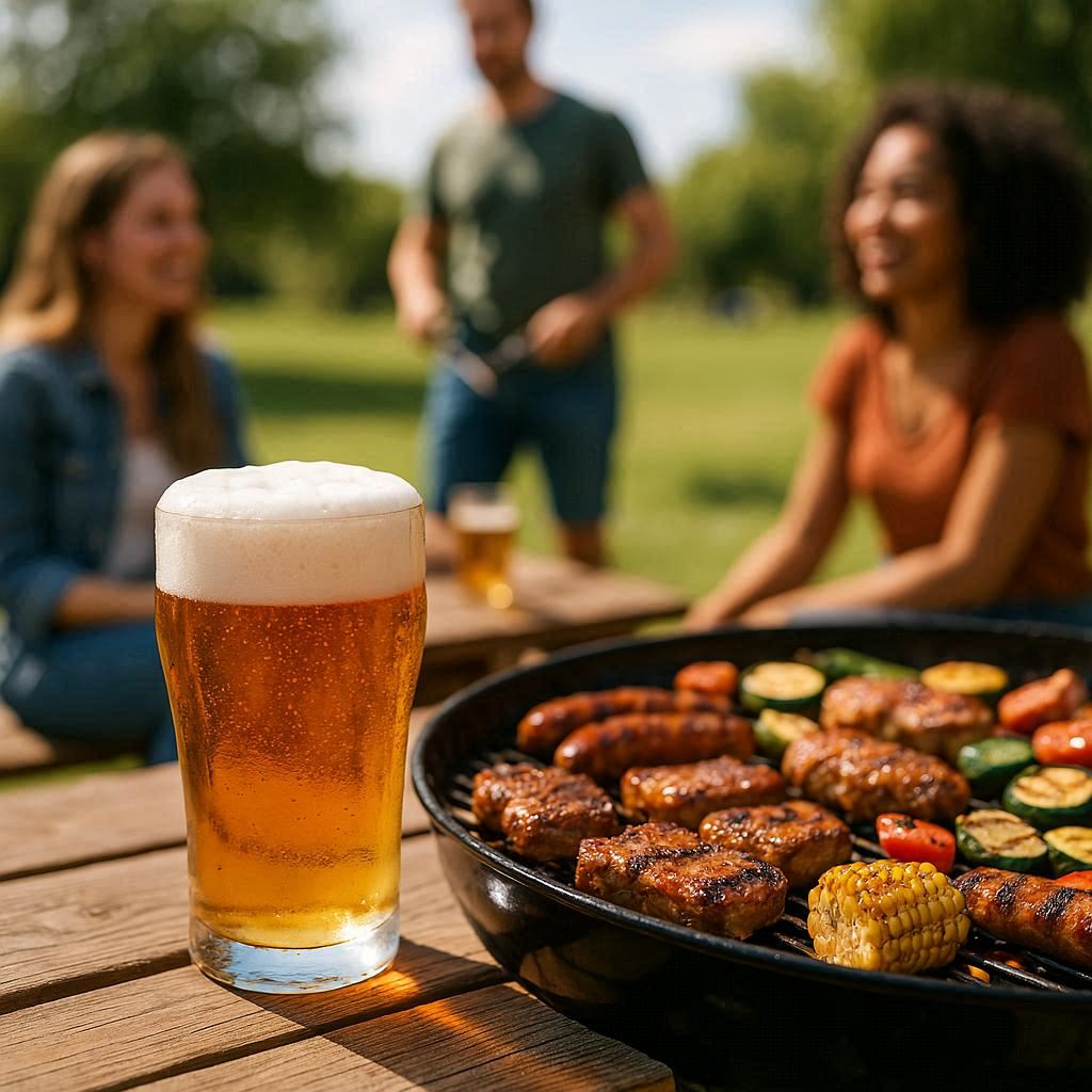 Pint of beer near a bbq 