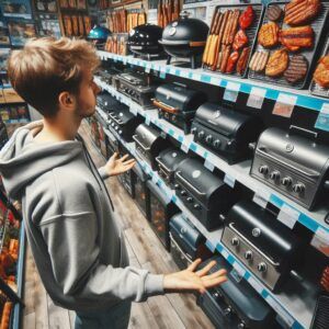 Man trying to choose a bbq in a store