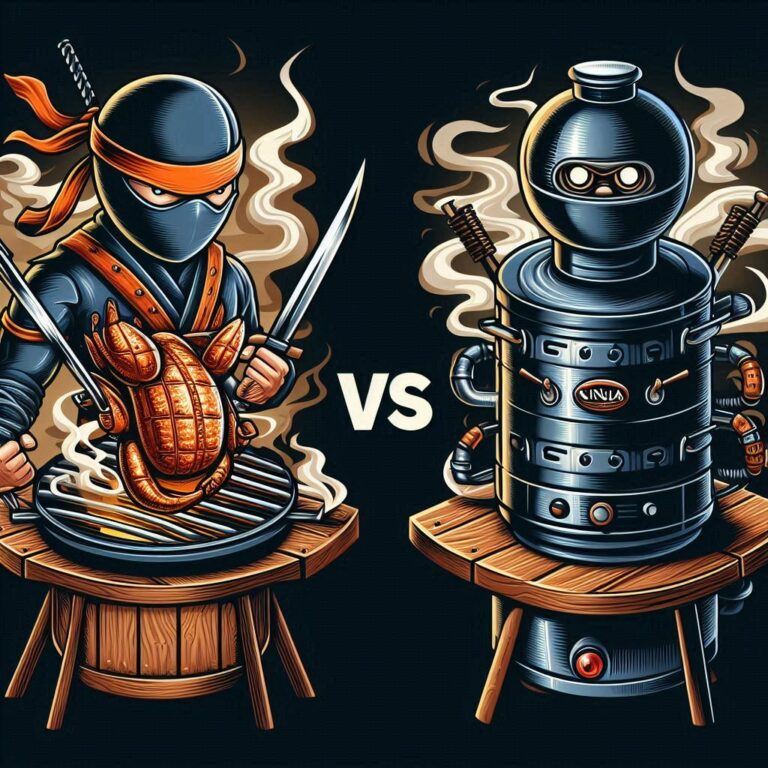 Cartoon illustration of ninja grill and traditional bbq