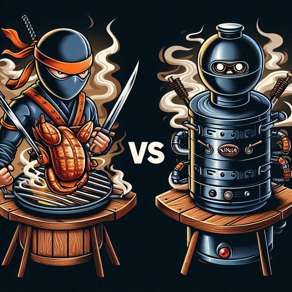Cartoon illustration of ninja grill and traditional bbq