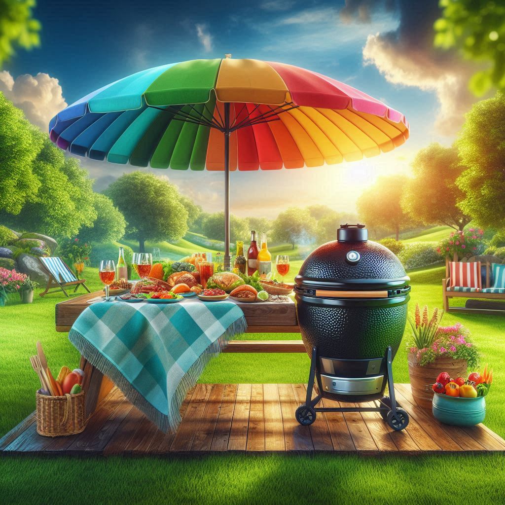 Kamado Joe covered by umbrella