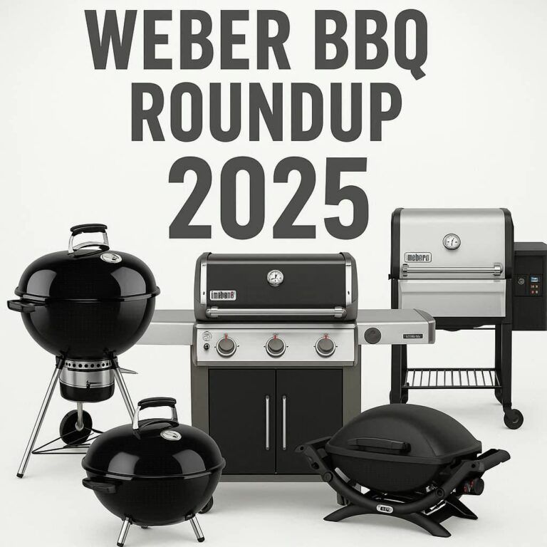 Lineup of the best Weber BBQ grills in 2025, including Spirit, Genesis, and Summit models on a backyard patio