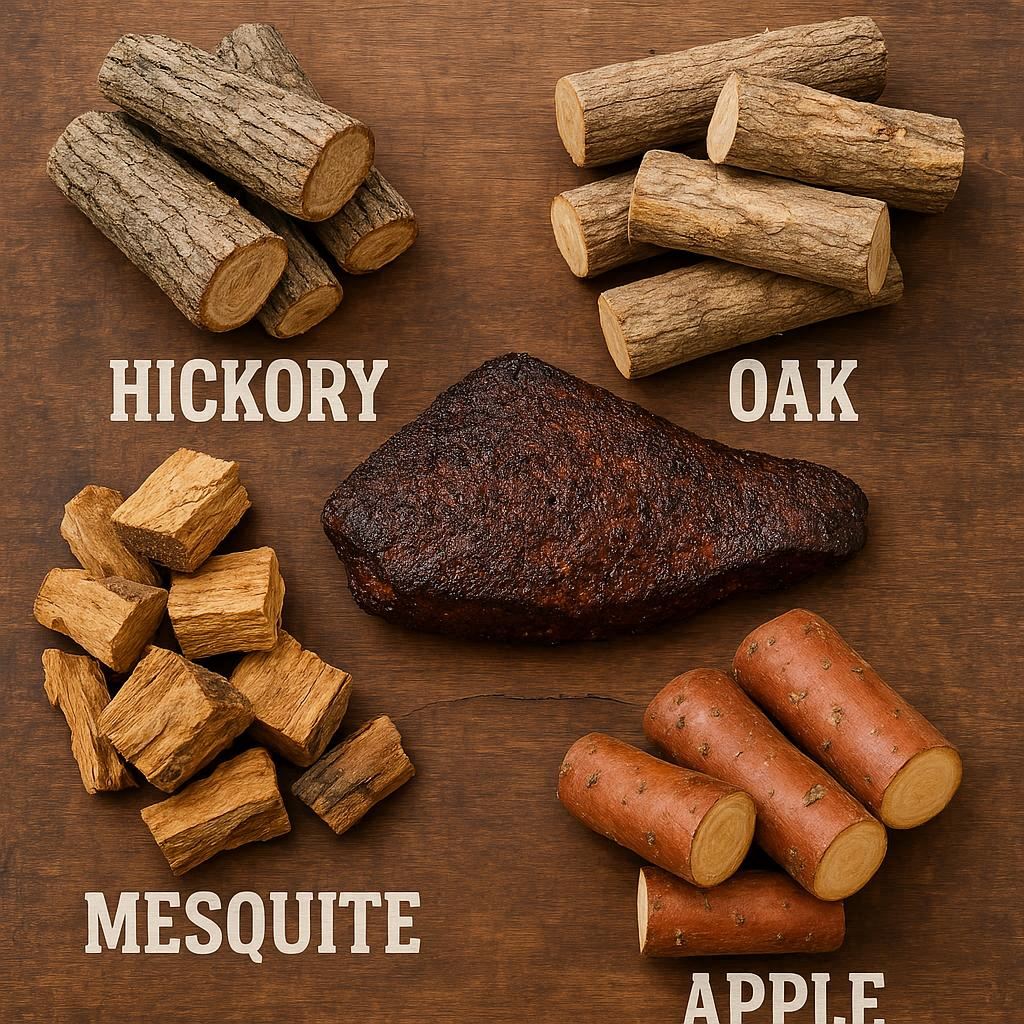 Assortment of smoking woods for brisket, including hickory, oak, mesquite an apple logs, each with distinct bark textures and wood colours