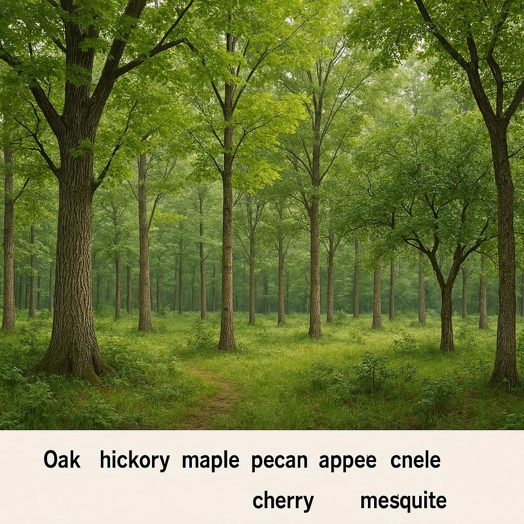 Forest with a mix of oak, hickory, mesquite and pecan trees, showing varied bark textures and leaf shapes, representing the natural sources of smoking woods for brisket.