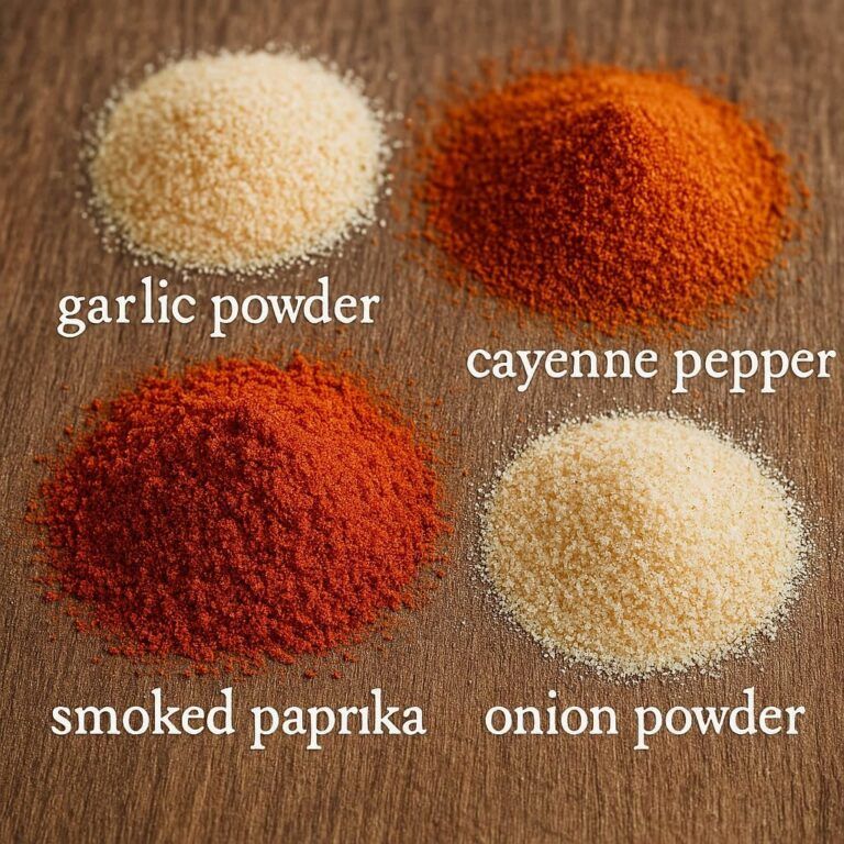 Four small piles of spices on a chopping board surface: light beige garlic powder, deep red cayenne pepper, dark reddish-brown s,pled paprika, and pale yellow onion powder