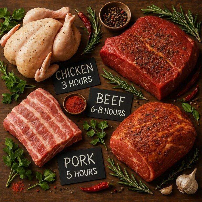 Selection of raw meats prepared for smoking, including A whole chicken, beef and pork cuts