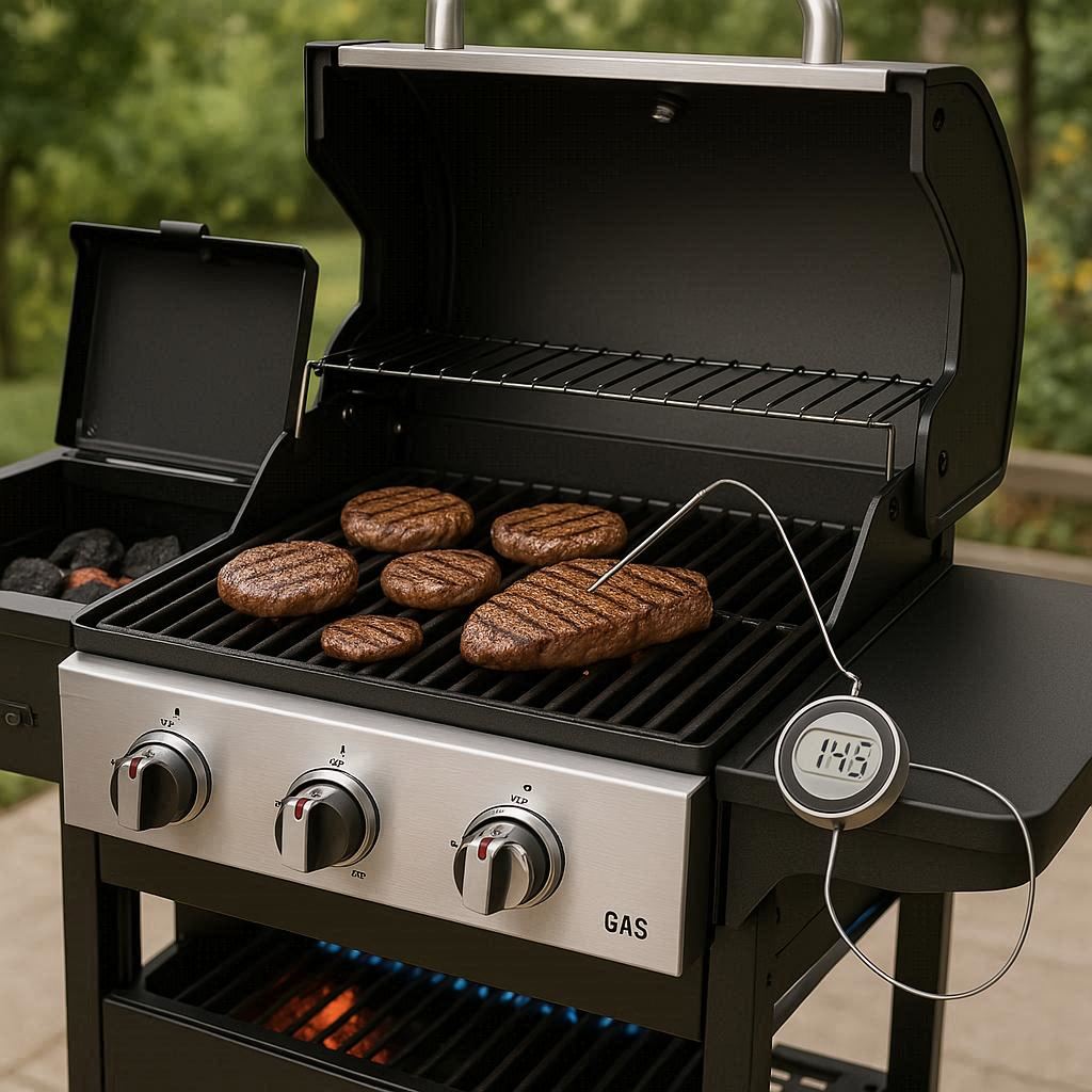 A gas bbq with a meat thermometer