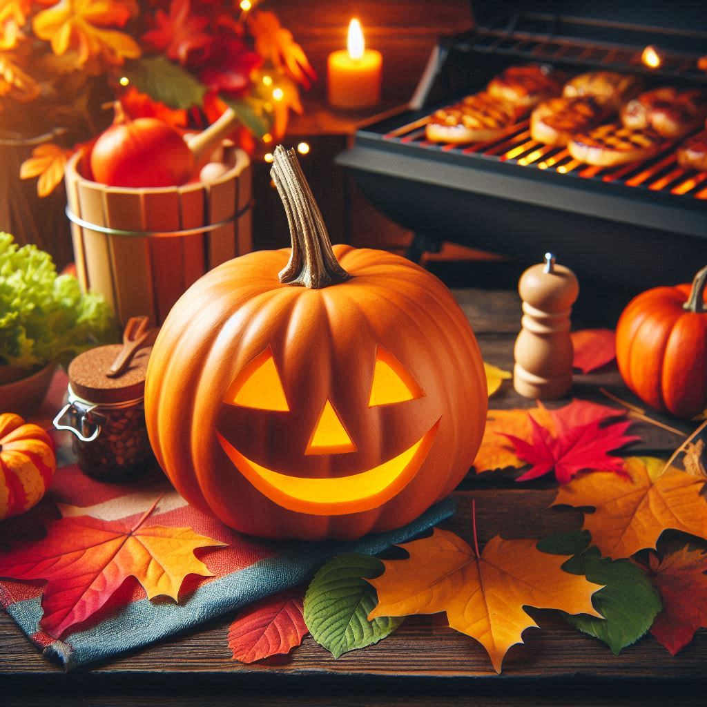 A carved pumpkin with a barbecue in the background.