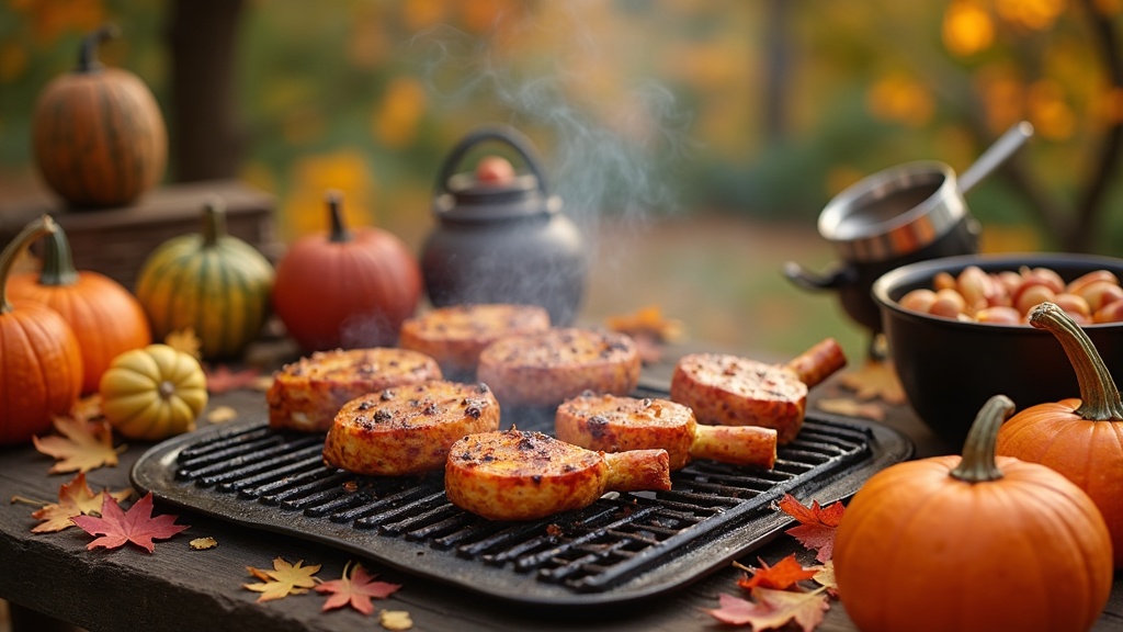 Autumn BBQ spread with grilled meats, vegetables, and fall-themed sides on a wooden table.